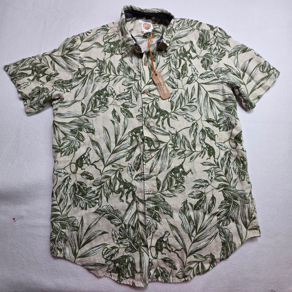 C&C California Mens Linen Monkey Tropical Print Short Sleeve Button Down Shirt M
